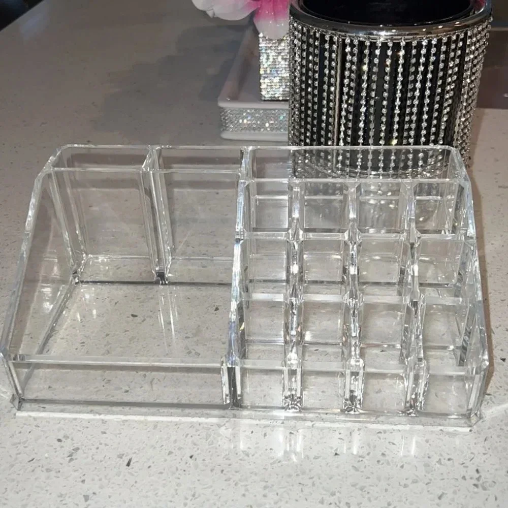 Makeup organizer acrylic clear hard cosmetic skincare organization desk tray